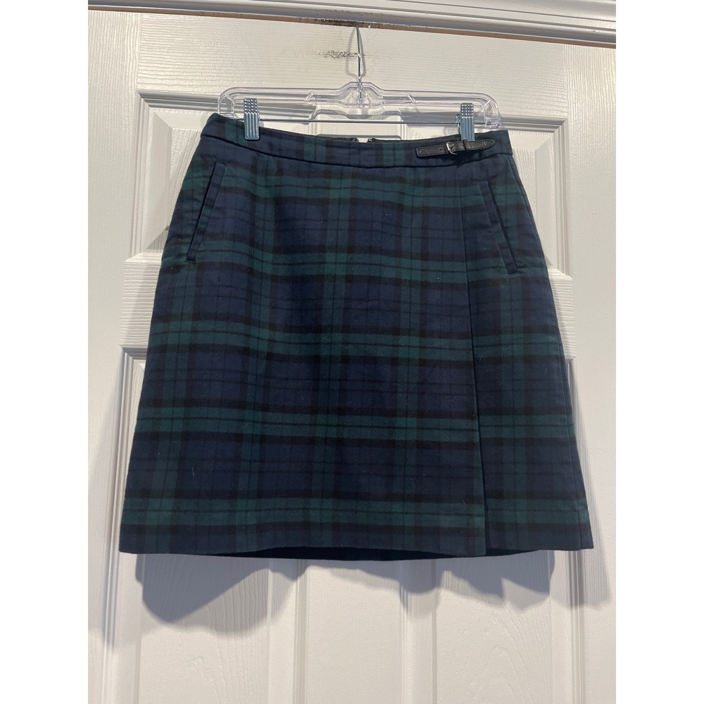 LL Bean Black Watch Plaid Wool Blend Mini Skirt Green Blue Tartan Womens 6P